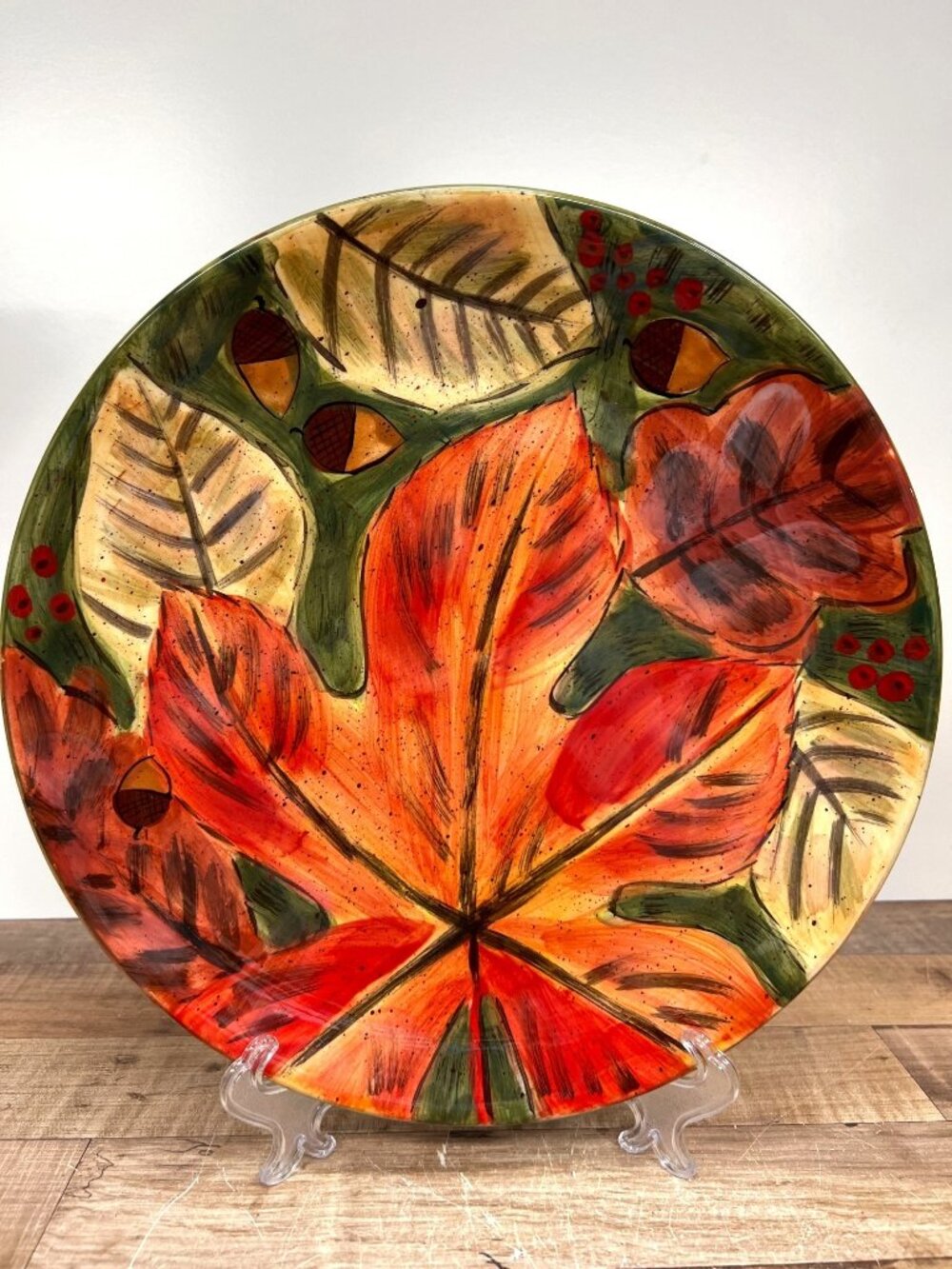 Hand-Painted Autumn Leaves Ceramic Serving Plate 12" Dishwasher & Microwave Safe